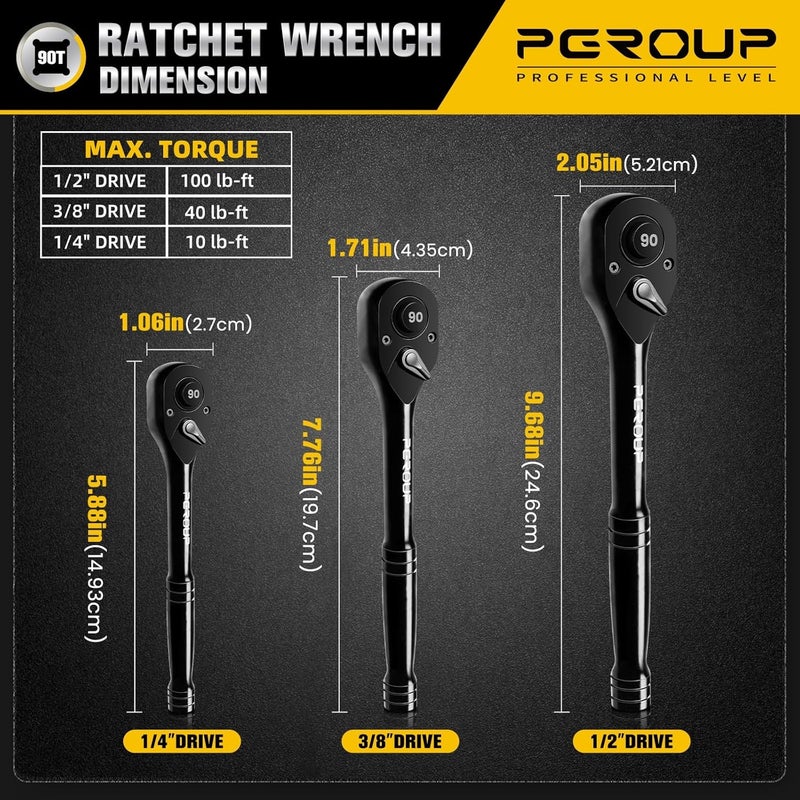 pgroup 3-Piece 90 Tooth Ratchet Wrench Set, 1/4”, 3/8”, 1/2” Drive Reversible Ratchets, 4-Degree Swing, Ergonomic Handle, Chrome Alloy Made, Quick Release Ratchet Wrenches for Repairing, Home, DIY - Image 2